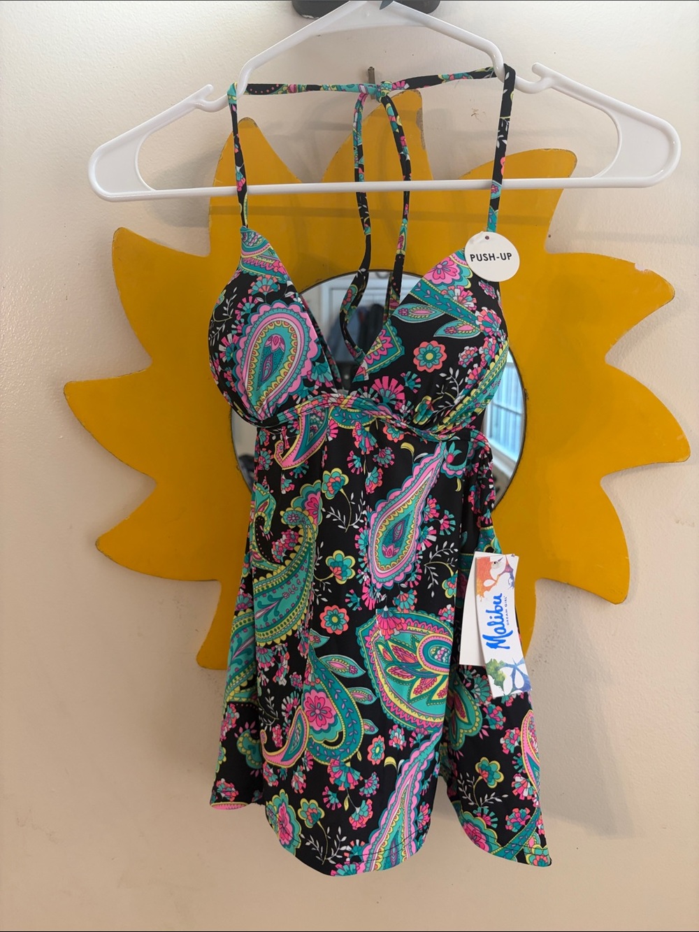 Malibu Black Paisley Push-Up Tankini Swim Top - Teal Pink Green